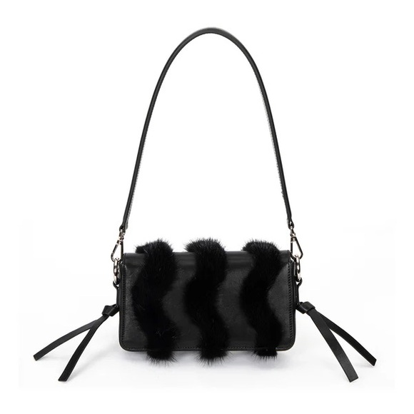 Brandon Blackwood Medium Nia Bag- Black Hard Leather W/ Black Mink - Picture 5 of 6
